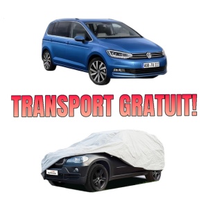 Husa tip prelata auto Volskwagen TOURAN (5T1) din 2015-2022, Culoare Gri, material textil impermeabil, rezistanta la intemperii praf UV, CARPASSION Husa Protectie, 4 Stickere auto cu Volskwagen