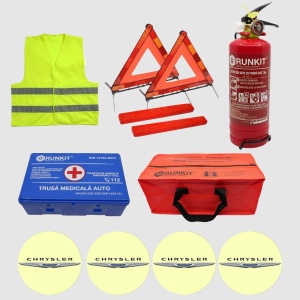 Kit siguranta auto Cri-Flo, Omologat R.A.R, Valabilitate 5 ani, 1x Trusa Prim Ajutor, 2 x Triunghiuri, 1x Stingator tip Spray, 1x Vesta reflectorizanta, Geanta pentru depozitare, 4 Stickere auto cu Chrysler - Img 2