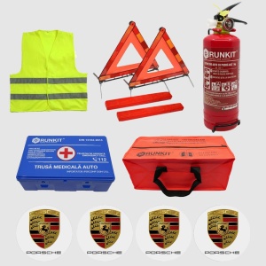 Kit siguranta auto Cri-Flo, Omologat R.A.R, Valabilitate 5 ani, 1x Trusa Prim Ajutor, 2 x Triunghiuri, 1x Stingator tip Spray, 1x Vesta reflectorizanta, Geanta pentru depozitare, 4 Stickere auto cu Porsche - Img 2