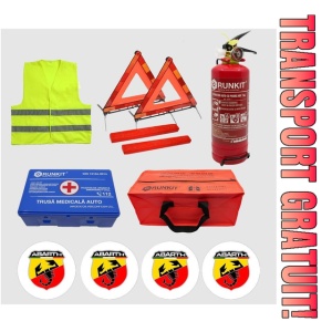 Kit siguranta auto Cri-Flo, Omologat R.A.R, Valabilitate 5 ani, 1x Trusa Prim Ajutor, 2 x Triunghiuri, 1x Stingator tip Spray, 1x Vesta reflectorizanta, Geanta pentru depozitare, 4 Stickere auto cu Abarth