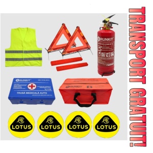 Kit siguranta auto Cri-Flo, Omologat R.A.R, Valabilitate 5 ani, 1x Trusa Prim Ajutor, 2 x Triunghiuri, 1x Stingator tip Spray, 1x Vesta reflectorizanta, Geanta pentru depozitare, 4 Stickere auto cu Lotus