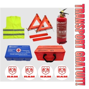 Kit siguranta auto Cri-Flo, Omologat R.A.R, Valabilitate 5 ani, 1x Trusa Prim Ajutor, 2 x Triunghiuri, 1x Stingator tip Spray, 1x Vesta reflectorizanta, Geanta pentru depozitare, 4 Stickere auto cu Ram