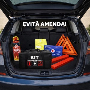 Kit Trusa siguranta rutiera auto, Omologat R.A.R, Valabilitate 5 ani, 1x Extinctor tip spray, 1x Trusa Medicala, 2x Triunghiuri,1x Geanta depozitare neagra, SETRUTIERA - Img 3