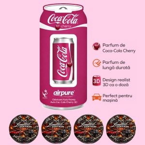 Odorizant Auto 3D Coca Cola Cherry, Tip Doza, Clip Ventilatie, Parfum Intens și Persistent, Design Realist, Vegan Friendly