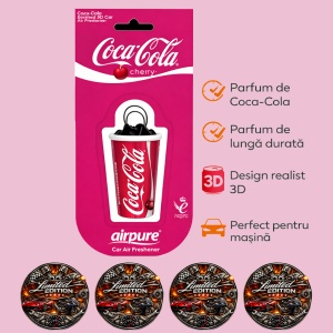 Odorizant Auto 3D Coca Cola Cherry, Tip Pahar, Oglinda Retrovizoare, Parfum Intens și Persistent, Design Realist, Vegan Friendly