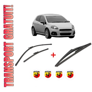 Set 3 stergatoare ABARTH PUNTO din 2005 - 2015, pentru parbriz si luneta fata si spate auto, Valeo Silencio, din cauciuc siliconat rezistent, 4 Stickere Auto ABARTH