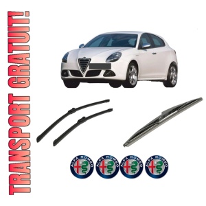 Set 3 stergatoare ALFA ROMEO GIULIETTA (940_) din 2010-2020, pentru parbriz si luneta fata si spate auto, Bosch Twin-Aerotwin, din cauciuc siliconat rezistent, 4 Stickere Auto ALFA ROMEO