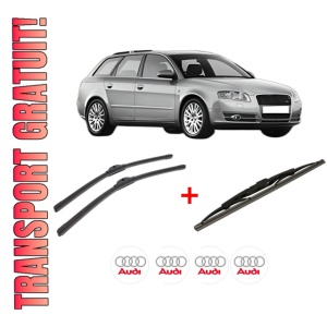 Set 3 stergatoare AUDI A4 B7 Avant (8ED) din 2004 - 2008, pentru parbriz si luneta fata si spate auto, Bosch Twin, din cauciuc siliconat rezistent, 4 Stickere Auto AUDI