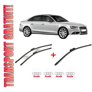 Set 3 stergatoare AUDI A4 B8 (8K2) din 2008 - 2015, pentru parbriz si luneta fata si spate auto, Bosch Aerotwin, din cauciuc siliconat rezistent, 4 Stickere Auto AUDI