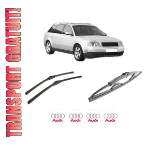 Set 3 stergatoare AUDI A6 C5 Avant (4B5, 4B6) din 1997-2005, pentru parbriz si luneta fata si spate auto, Bosch Twin-Aerotwin, din cauciuc siliconat rezistent, 4 Stickere Auto AUDI