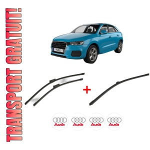 Set 3 stergatoare AUDI Q3 (F3B) din 2018 - 2021, pentru parbriz si luneta fata si spate auto, Bosch Aerotwin, din cauciuc siliconat rezistent, 4 Stickere Auto AUDI