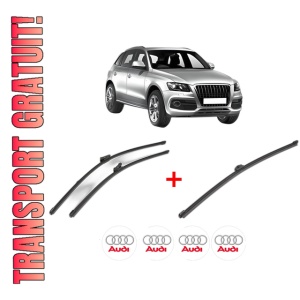 Set 3 stergatoare AUDI Q5 (8RB) din 2008 - 2017, pentru parbriz si luneta fata si spate auto, Valeo Silencio Xtrm, din cauciuc siliconat rezistent, 4 Stickere Auto AUDI