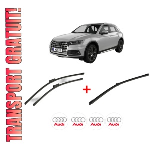 Set 3 stergatoare AUDI Q5 (FYB, FYG) din 2016 - 2020, pentru parbriz si luneta fata si spate auto, Bosch Aerotwin, din cauciuc siliconat rezistent, 4 Stickere Auto AUDI
