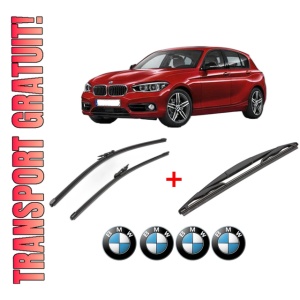 Set 3 stergatoare BMW Seria 1 (F20) din 2011 - 2019, pentru parbriz si luneta fata si spate auto, Valeo Silencio, din cauciuc siliconat rezistent, 4 Stickere Auto BMW