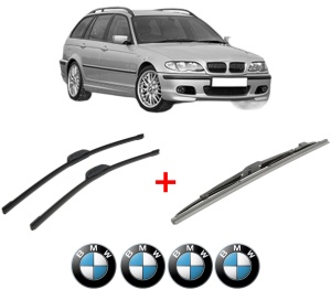 Set 3 stergatoare BMW Seria 3 Touring (E46) din 1999 - 2005, pentru parbriz si luneta fata si spate auto, Bosch Twin, din cauciuc siliconat rezistent, 4 Stickere Auto BMW v6677