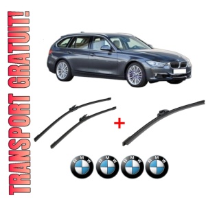 Set 3 stergatoare BMW Seria 3 Touring (F31) din 2012 - 2019, pentru parbriz si luneta fata si spate auto, Bosch Aerotwin, din cauciuc siliconat rezistent, 4 Stickere Auto BMW