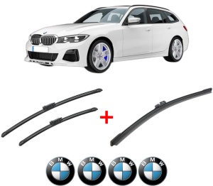 Set 3 stergatoare BMW Seria 3 Touring Van (G21) din 2019 - 2022, pentru parbriz si luneta fata si spate auto, Bosch Aerotwin, din cauciuc siliconat rezistent, 4 Stickere Auto BMW v3137