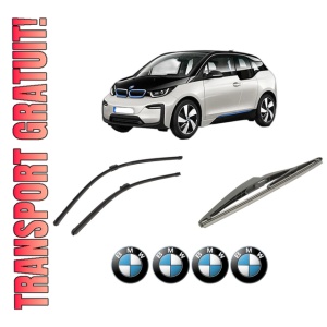 Set 3 stergatoare BMW Seria i3 (I01) din 2013-2017, pentru parbriz si luneta fata si spate auto, Bosch Twin-Aerotwin, din cauciuc siliconat rezistent, 4 Stickere Auto BMW