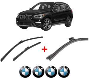 Set 3 stergatoare BMW Seria X1 (F48) din 2014 - 2022, pentru parbriz si luneta fata si spate auto, Bosch Aerotwin, din cauciuc siliconat rezistent, 4 Stickere Auto BMW v5537
