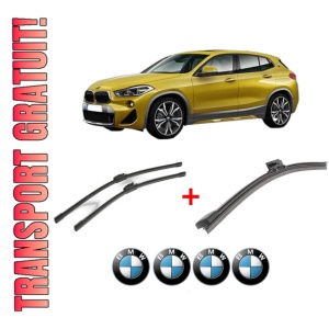 Set 3 stergatoare BMW Seria X2 (F39) din 2017 - 2023, pentru parbriz si luneta fata si spate auto, Bosch Aerotwin, din cauciuc siliconat rezistent, 4 Stickere Auto BMW