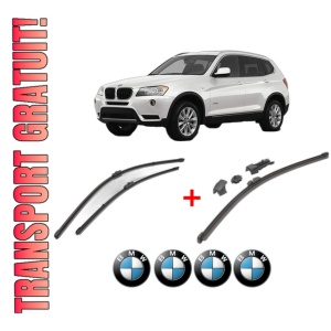 Set 3 stergatoare BMW Seria X3 (F25) din 2010 - 2017, pentru parbriz si luneta fata si spate auto, Valeo HydroConnect, din cauciuc siliconat rezistent, 4 Stickere Auto BMW