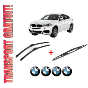 Set 3 stergatoare BMW Seria X6 (F16, F86) din 2014 - 2019, pentru parbriz si luneta fata si spate auto, Bosch Twin, din cauciuc siliconat rezistent, 4 Stickere Auto BMW