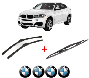 Set 3 stergatoare BMW Seria X6 (F16, F86) din 2014 - 2019, pentru parbriz si luneta fata si spate auto, Bosch Twin, din cauciuc siliconat rezistent, 4 Stickere Auto BMW v9497