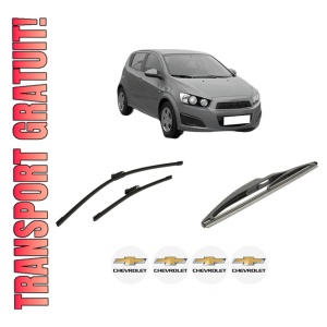 Set 3 stergatoare CHEVROLET AVEO Hatchback (T300) din 2011-2015, pentru parbriz si luneta fata si spate auto, Bosch Twin-Aerotwin Multi, din cauciuc siliconat rezistent, 4 Stickere Auto CHEVROLET