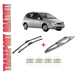 Set 3 stergatoare CHEVROLET REZZO MPV (U100) din 2005 - 2009, pentru parbriz si luneta fata si spate auto, Bosch Twin, din cauciuc siliconat rezistent, 4 Stickere Auto CHEVROLET