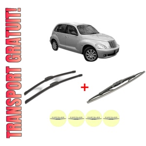 Set 3 stergatoare CHRYSLER PT CRUISER (PT_) din 2000 - 2010, pentru parbriz si luneta fata si spate auto, Bosch Twin, din cauciuc siliconat rezistent, 4 Stickere Auto CHRYSLER