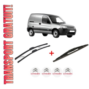 Set 3 stergatoare CITROEN BERLINGO / BERLINGO FIRST Box Body/MPV (M_) din 1996 - 2011, pentru parbriz si luneta fata si spate auto, Bosch Twin, din cauciuc siliconat rezistent, 4 Stickere Auto CITROEN