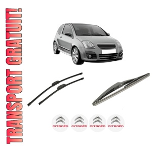 Set 3 stergatoare CITROEN C2 (JM_) din 2003-2012, pentru parbriz si luneta fata si spate auto, Bosch Twin-Aerotwin Retrofit, din cauciuc siliconat rezistent, 4 Stickere Auto CITROEN