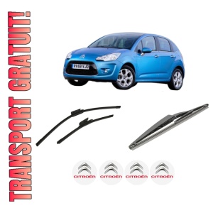 Set 3 stergatoare CITROEN C3 II Hatchback Van (SC_) din 2010-2016, pentru parbriz si luneta fata si spate auto, Bosch Twin-Aerotwin, din cauciuc siliconat rezistent, 4 Stickere Auto CITROEN