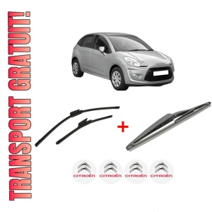 Set 3 stergatoare CITROEN C3 II (SC_) din 2009 - 2016, pentru parbriz si luneta fata si spate auto, Bosch Twin, din cauciuc siliconat rezistent, 4 Stickere Auto CITROEN