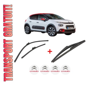 Set 3 stergatoare CITROEN C3 III Van (SX_, SY_) din 2016, pentru parbriz si luneta fata si spate auto, Valeo Silencio, din cauciuc siliconat rezistent, 4 Stickere Auto CITROEN