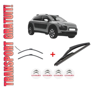Set 3 stergatoare CITROEN C4 CACTUS din 2014 - 2018, pentru parbriz si luneta fata si spate auto, Valeo Silencio, din cauciuc siliconat rezistent, 4 Stickere Auto CITROEN