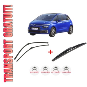 Set 3 stergatoare CITROEN C4 SPACETOURER (3D_) din 2018 - 2019, pentru parbriz si luneta fata si spate auto, Bosch Twin, din cauciuc siliconat rezistent, 4 Stickere Auto CITROEN