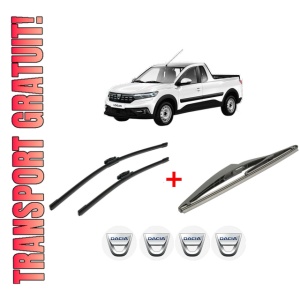 Set 3 stergatoare DACIA DOKKER Pickup din 2017 - 2021, pentru parbriz si luneta fata si spate auto, Bosch Twin, din cauciuc siliconat rezistent, 4 Stickere Auto DACIA