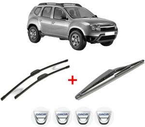 Set 3 stergatoare DACIA DUSTER (HS_) din 2010 - 2018, pentru parbriz si luneta fata si spate auto, Bosch Twin, din cauciuc siliconat rezistent, 4 Stickere Auto DACIA v8957