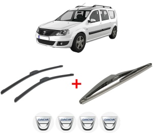 Set 3 stergatoare DACIA LOGAN MCV II din 2013, pentru parbriz si luneta fata si spate auto, Bosch Twin, din cauciuc siliconat rezistent, 4 Stickere Auto DACIA v7517