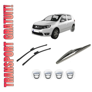 Set 3 stergatoare DACIA SANDERO II din 2012-2019, pentru parbriz si luneta fata si spate auto, Bosch Twin-Aerotwin, din cauciuc siliconat rezistent, 4 Stickere Auto DACIA