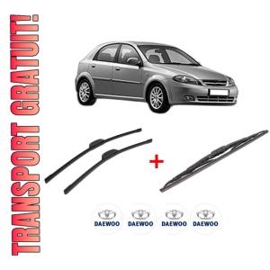 Set 3 stergatoare DAEWOO LACETTI Hatchback (KLAN) din 2004, pentru parbriz si luneta fata si spate auto, Bosch Twin, din cauciuc siliconat rezistent, 4 Stickere Auto DAEWOO