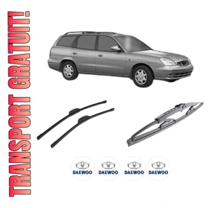 Set 3 stergatoare DAEWOO NUBIRA Estate (J150) din 1999-2002, pentru parbriz si luneta fata si spate auto, Bosch Twin-Aerotwin Retrofit, din cauciuc siliconat rezistent, 4 Stickere Auto DAEWOO
