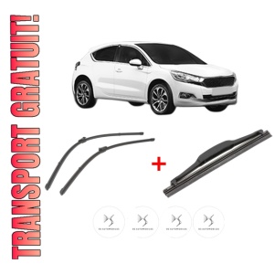 Set 3 stergatoare DS DS 4 / DS 4 CROSSBACK (NX_) din 2015 - 2018, pentru parbriz si luneta fata si spate auto, Valeo Silencio, din cauciuc siliconat rezistent, 4 Stickere Auto DS