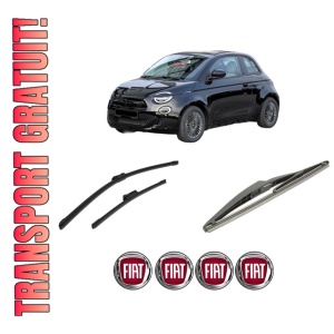 Set 3 stergatoare FIAT 500e (332_) din 2020, pentru parbriz si luneta fata si spate auto, Bosch Twin-Aerotwin, din cauciuc siliconat rezistent, 4 Stickere Auto FIAT