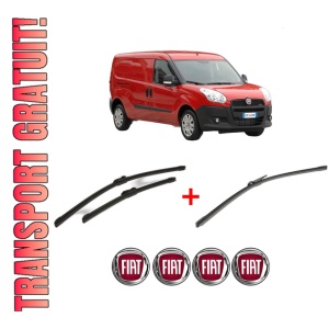 Set 3 stergatoare FIAT DOBLO Cargo (263_) din 2010 - 2023, pentru parbriz si luneta fata si spate auto, Bosch Aerotwin, din cauciuc siliconat rezistent, 4 Stickere Auto FIAT