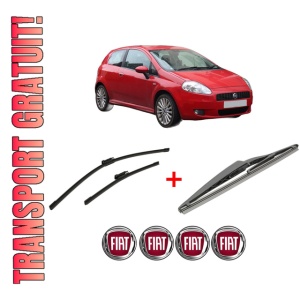 Set 3 stergatoare FIAT GRANDE PUNTO (199_) din 2005 - 2015, pentru parbriz si luneta fata si spate auto, Bosch Twin, din cauciuc siliconat rezistent, 4 Stickere Auto FIAT