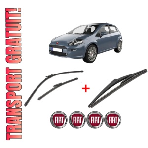Set 3 stergatoare FIAT PUNTO Hatchback Van (199_) din 2008, pentru parbriz si luneta fata si spate auto, Valeo Silencio, din cauciuc siliconat rezistent, 4 Stickere Auto FIAT