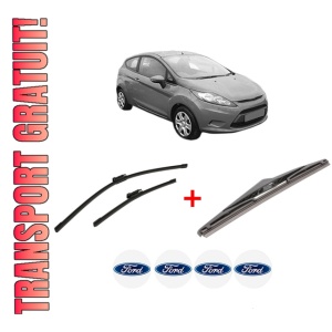 Set 3 stergatoare FORD FIESTA VI (CB1, CCN) din 2008 - 2018, pentru parbriz si luneta fata si spate auto, Bosch Twin, din cauciuc siliconat rezistent, 4 Stickere Auto FORD