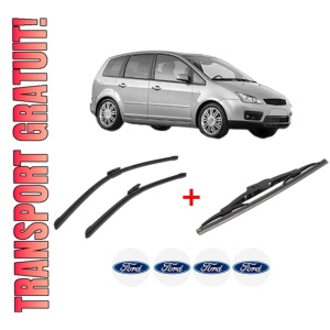 Set 3 stergatoare FORD FOCUS C-MAX (DM2) din 2003 - 2007, pentru parbriz si luneta fata si spate auto, Bosch Twin, din cauciuc siliconat rezistent, 4 Stickere Auto FORD